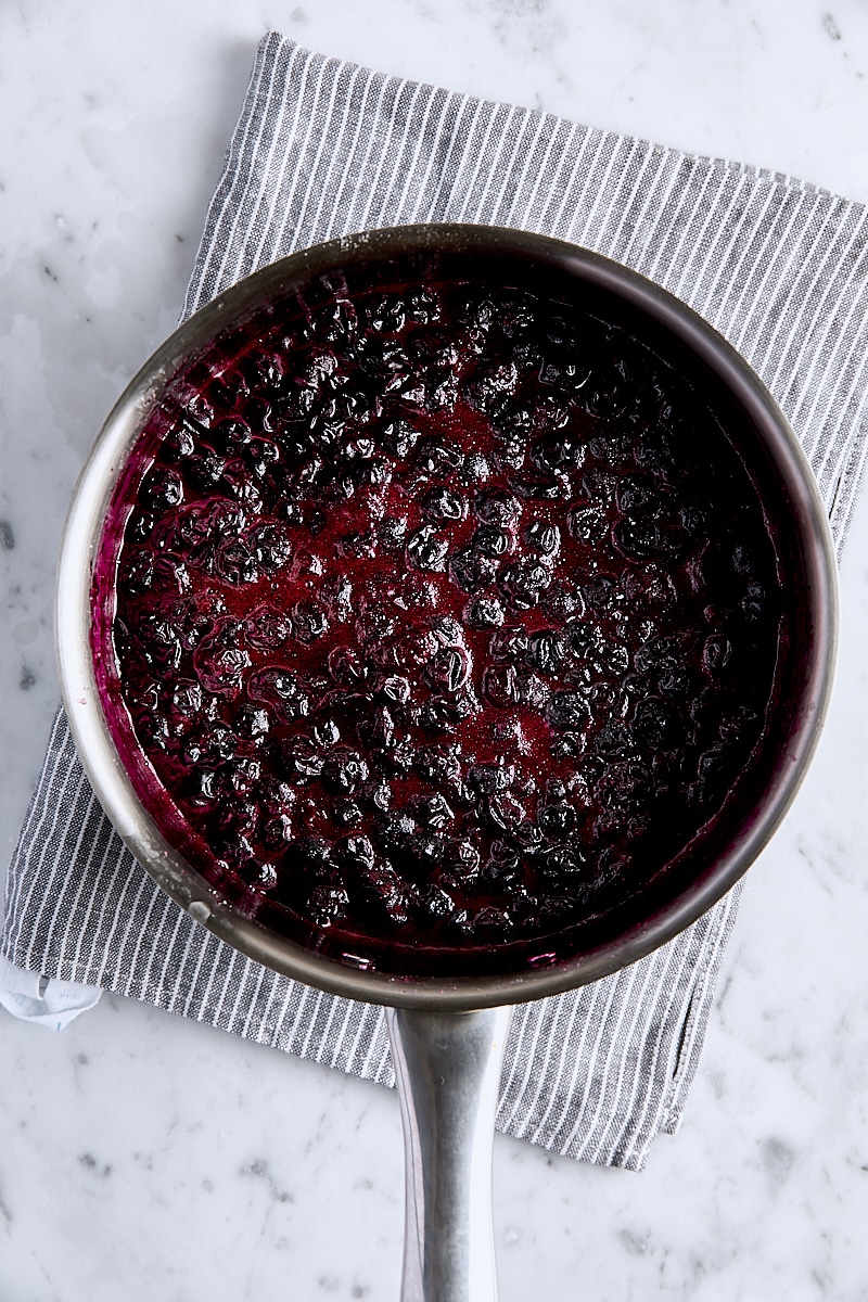 Blueberry filling brought to a boil in saucepan