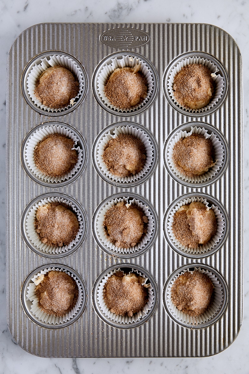 Coffee cake muffin batter topped with cinnamon sugar in muffin tin