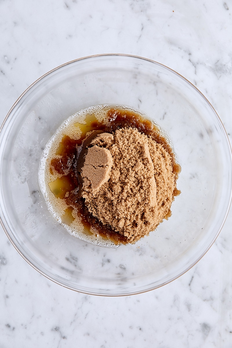 Melted brown butter and brown sugar in glass bowl