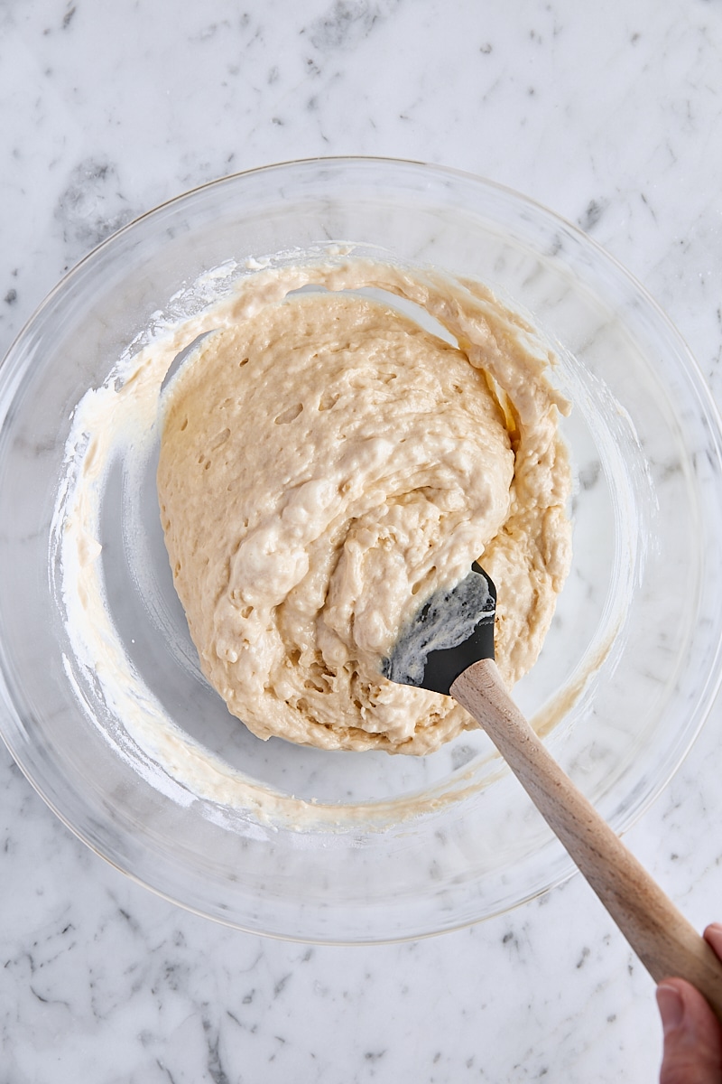 Mixed coffee cake muffin batter in glass bowl
