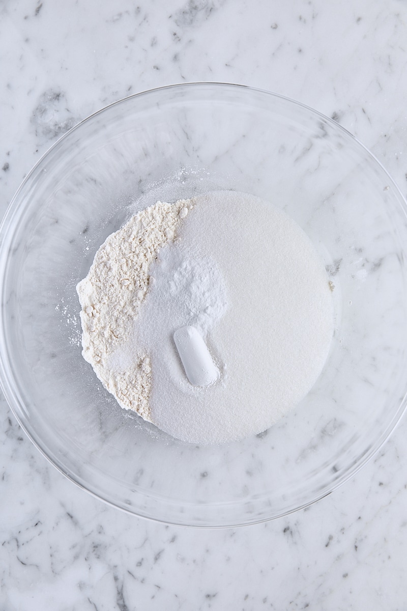 Flour, sugar, baking powder, baking soda, and salt in a large bowl