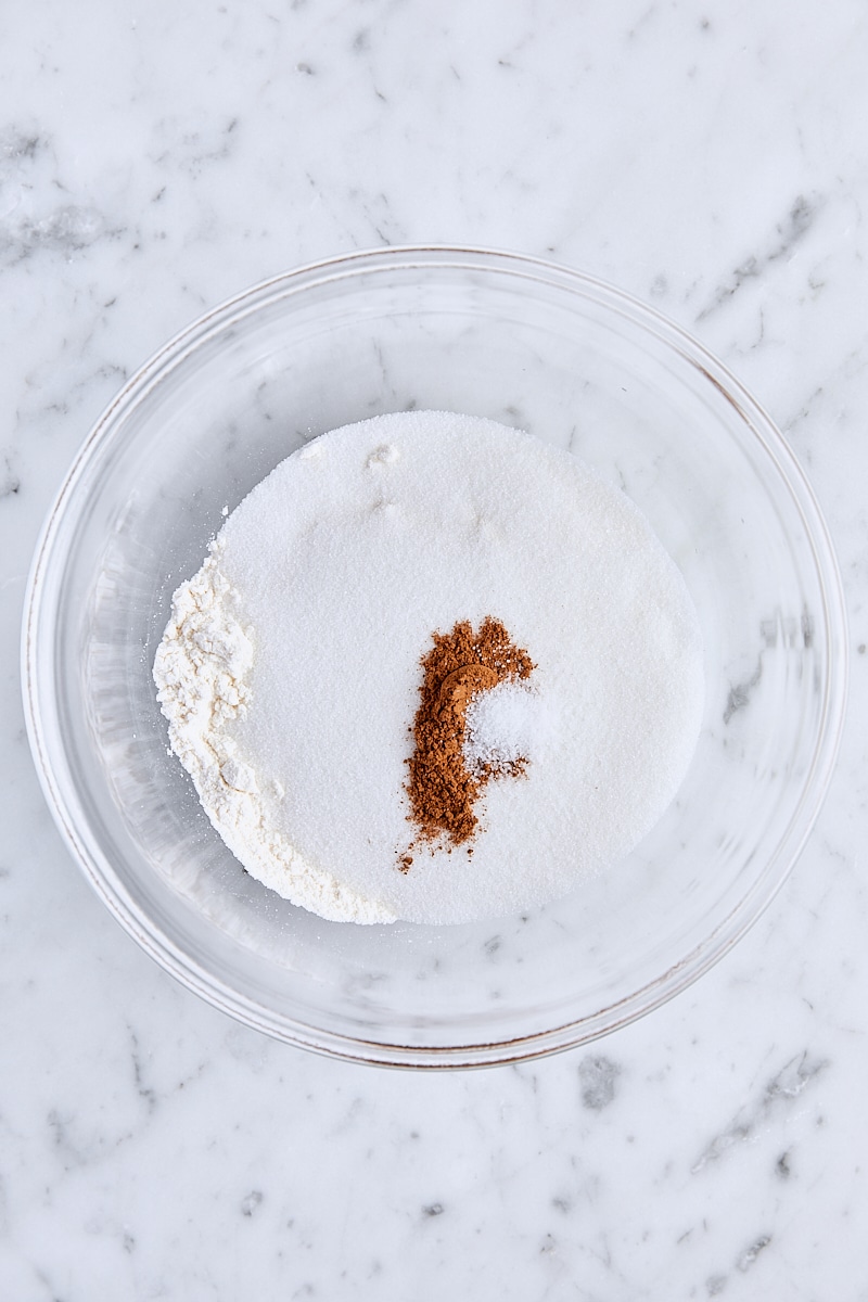 Crumb topping ingredients in small glass bowl