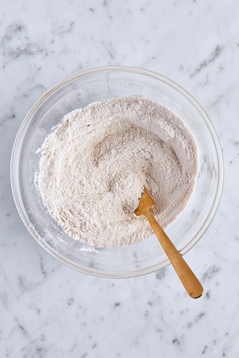 All-purpose flour, granulated sugar, cinnamon, and salt combined in small glass bowl