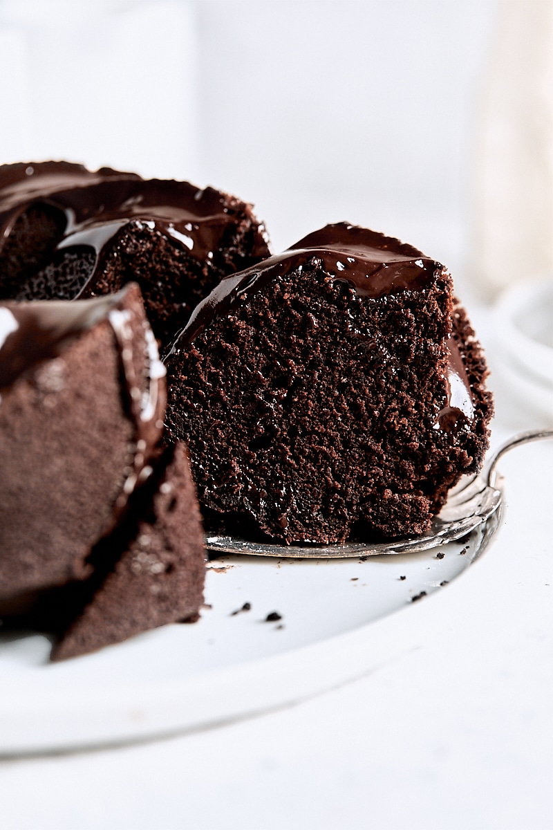 Chocolate bundt cake topped with chocolate ganache