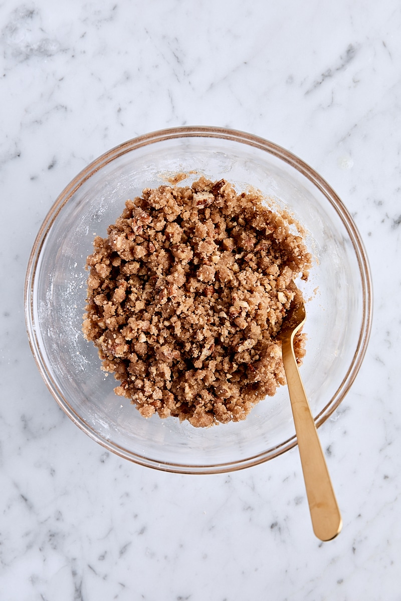 Mixed spiced pecan streusel topping in glass bowl
