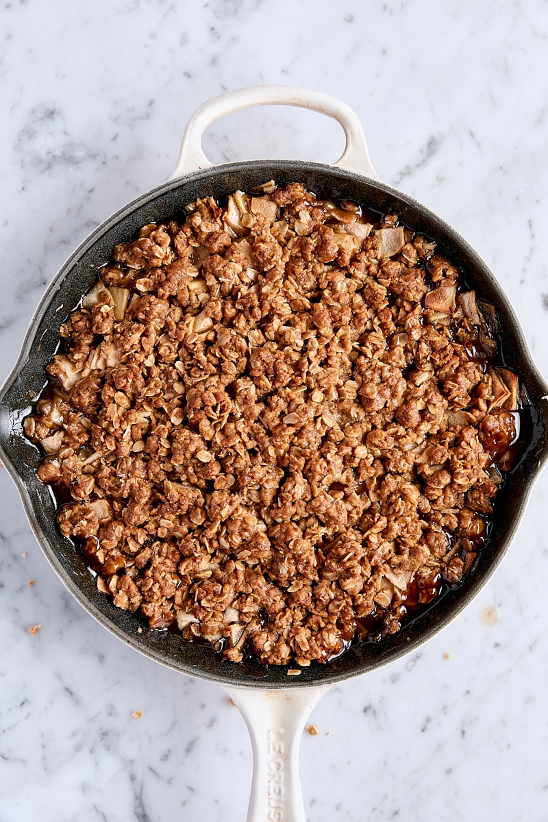 Baked apple crisp in cast-iron skillet