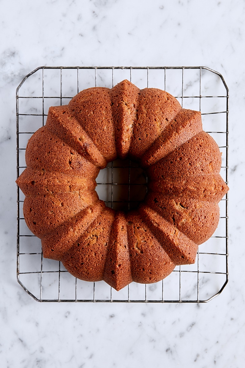 Baked spice bundt cake on wire cooling rack