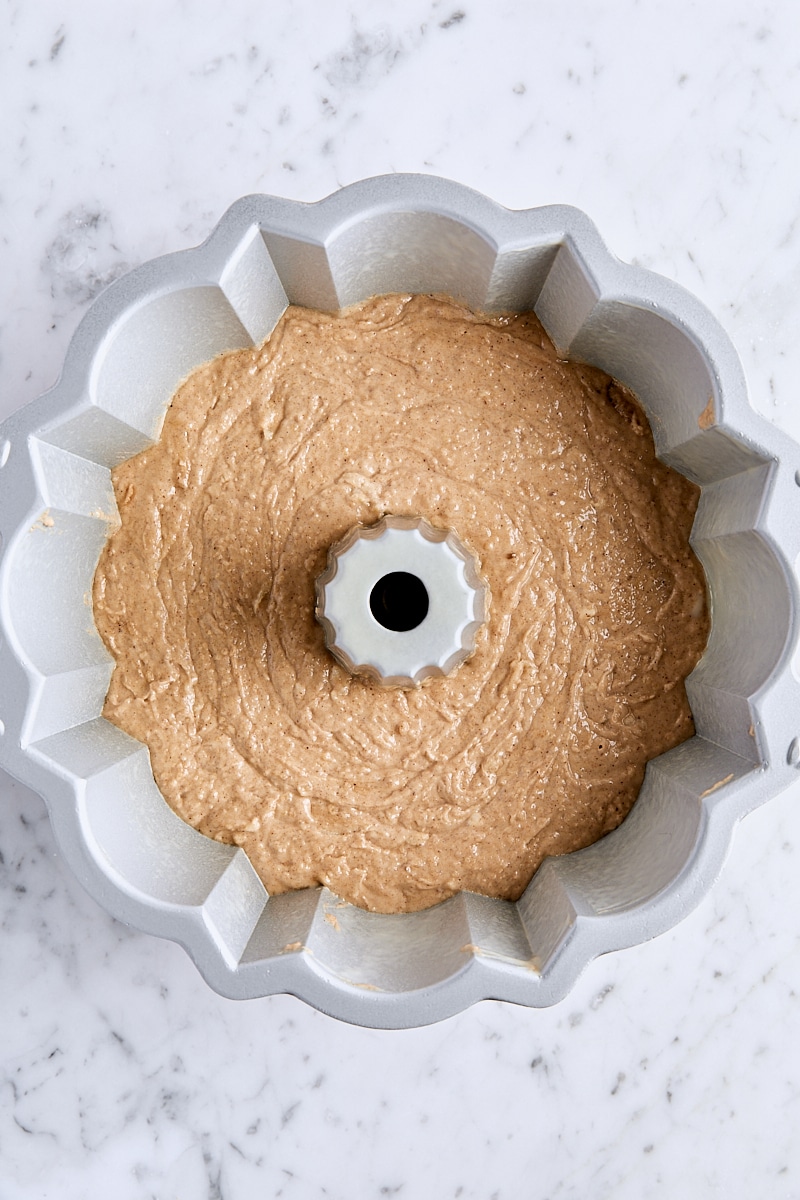 Spice cake batter in bundt pan