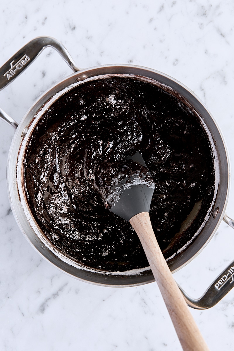 Flour folded into brownie batter with a spatula