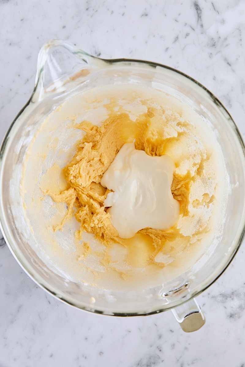 Sour cream mixture added to batter