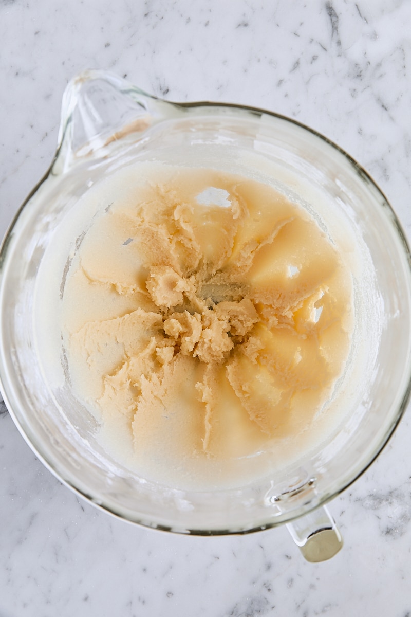 Butter, sugar, and vanilla mixed together until light and fluffy