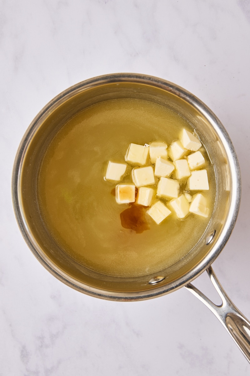 Cubed butter and vanilla added to mixture