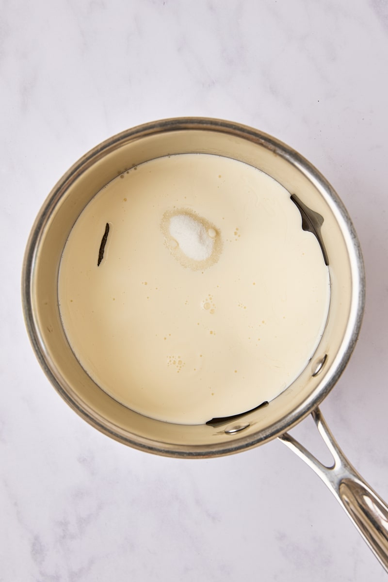 Corn syrup, sugar, salt, water, and heavy cream in saucepan