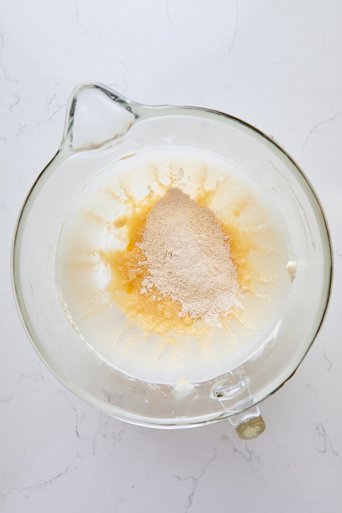 Flour mixture added to batter